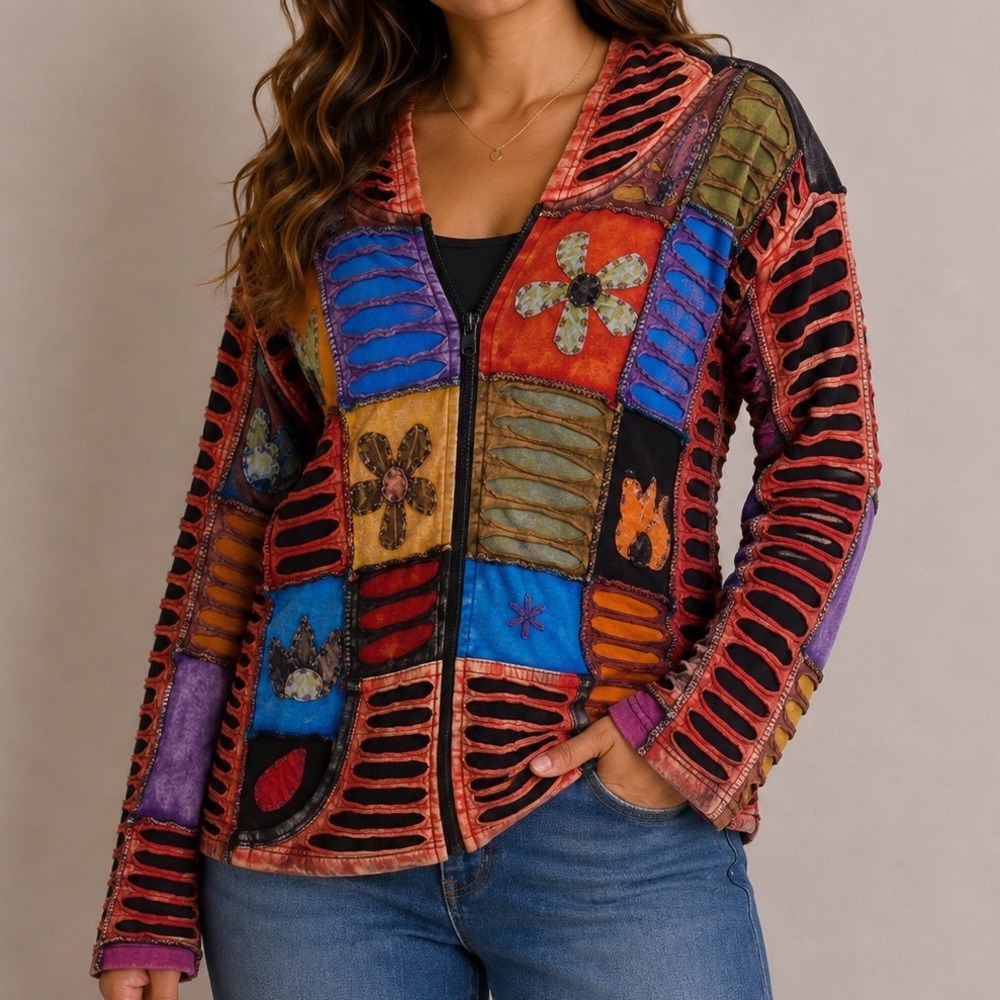 Patchwork Hoodie Jacket Medium Boho Hippie Grunge Fairycore Cutout Zip Up